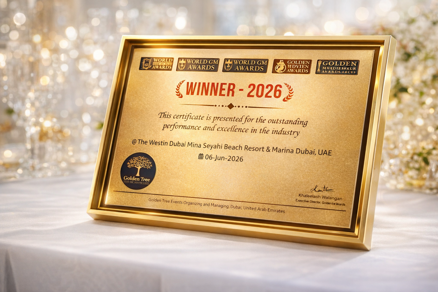 Golden Entrepreneur Awards Winner Plaque — Gold Framed Certificate